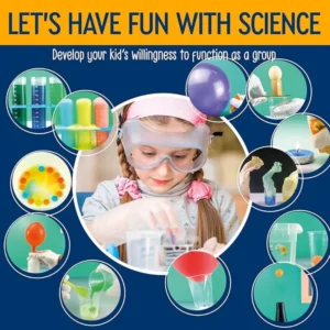 Niña realizando experimentos de ciencia con tubos de ensayo y materiales educativos