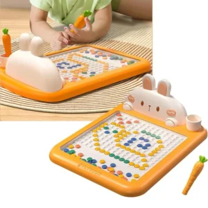 Niño usando tablero de mosaico imantado modelo conejo; juego sensorial para motricidad fina y coordinación mano-ojo