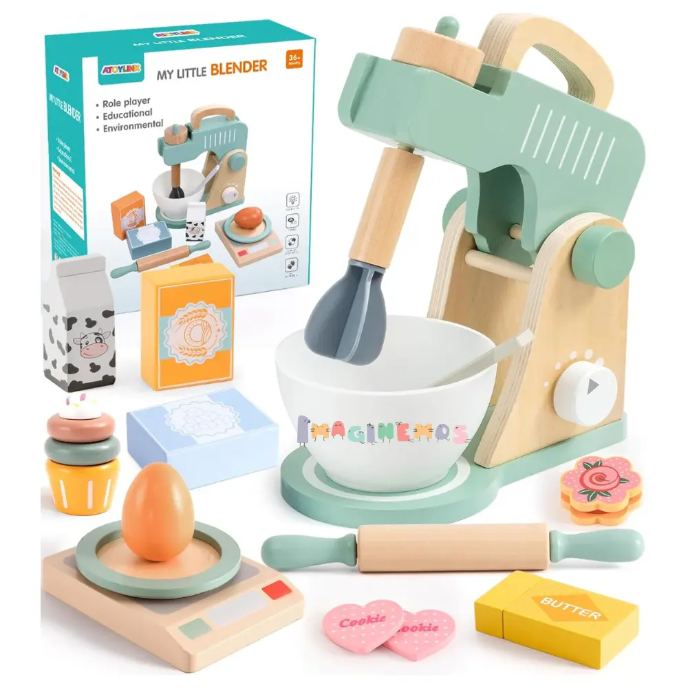 batidora de madera con accesorios educativos para juegos de rol y estimulación sensorial
