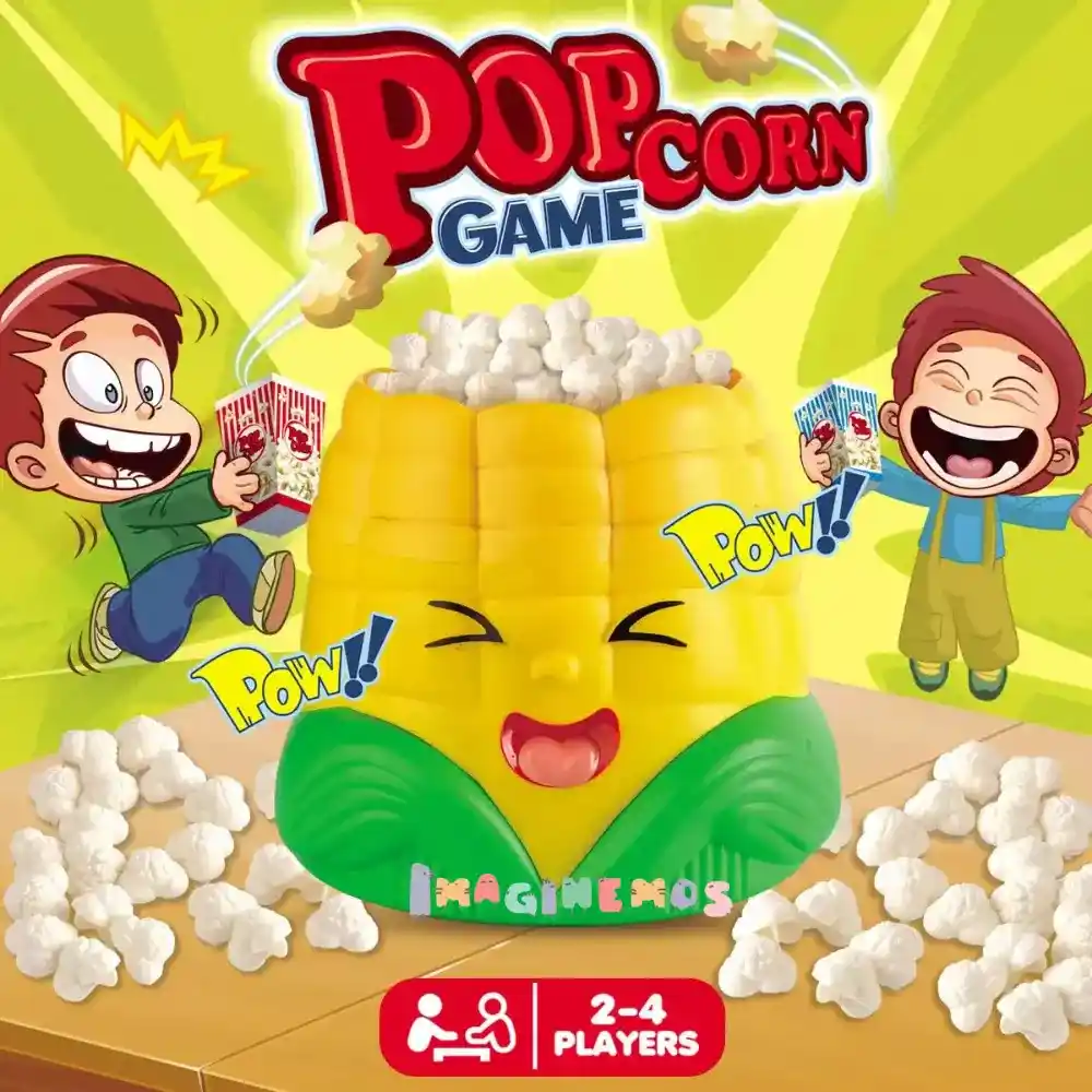 Juego Popcorn Game para niños, con una mazorca sonriente que lanza palomitas y dos niños divertidos jugando alrededor.