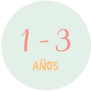 Ícono circular con texto 1-3 años en tonos rosado y melón sobre fondo verde claro