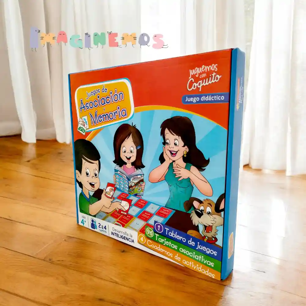Caja del juego didáctico Coquito de Asociación y Memoria, con ilustraciones de niños y actividades para desarrollar atención e inteligencia.