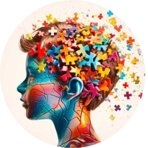 Ilustración artística de un niño con piezas de rompecabezas de colores en la cabeza, simbolizando neurodivergencia y estimulación sensorial