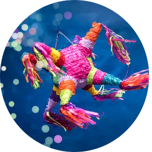 Piñata en forma de estrella con cintas de colores flotando sobre fondo azul