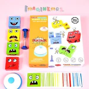 Juego educativo con cubos de caritas expresivas, cartas de colores, reloj de arena y timbre de desafío para trabajar emociones y rapidez mental en niños.