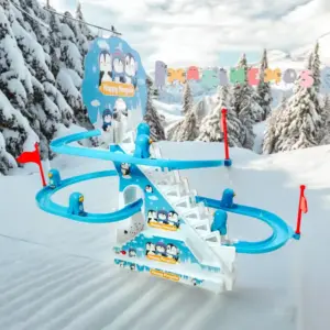 Pista de pingüinos Happy Penguin subiendo y deslizando por una pista azul sobre un fondo nevado
