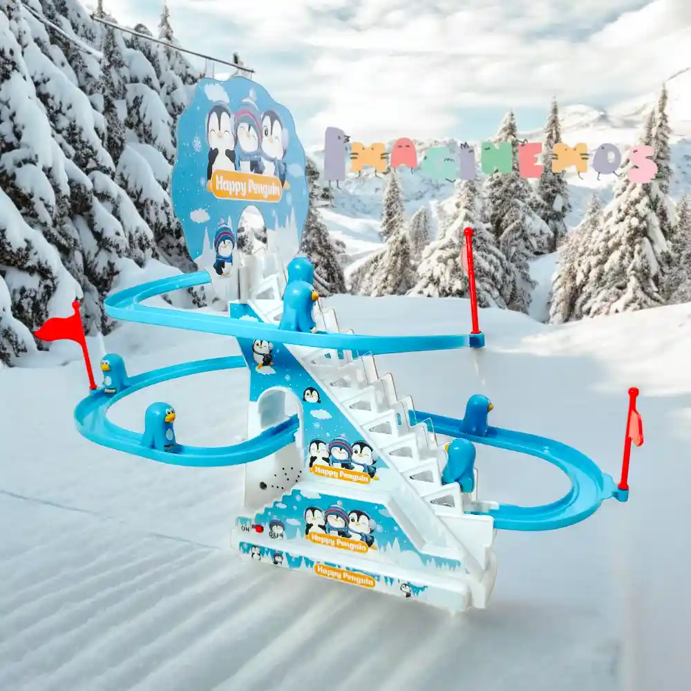 Pista de pingüinos Happy Penguin subiendo y deslizando por una pista azul sobre un fondo nevado