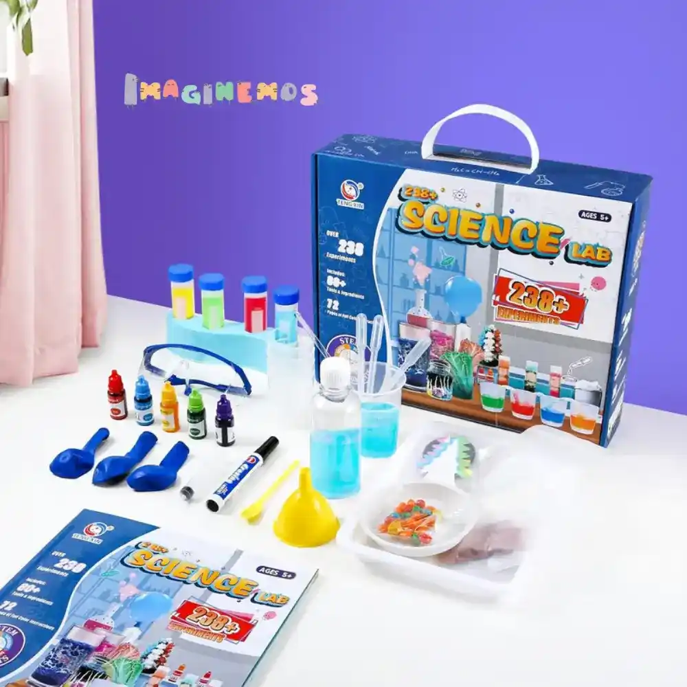 Kit de ciencias para niños con materiales de laboratorio, tubos de ensayo, colorantes, gafas de protección, embudos y más, ideal para explorar más de 230 experimentos científicos.