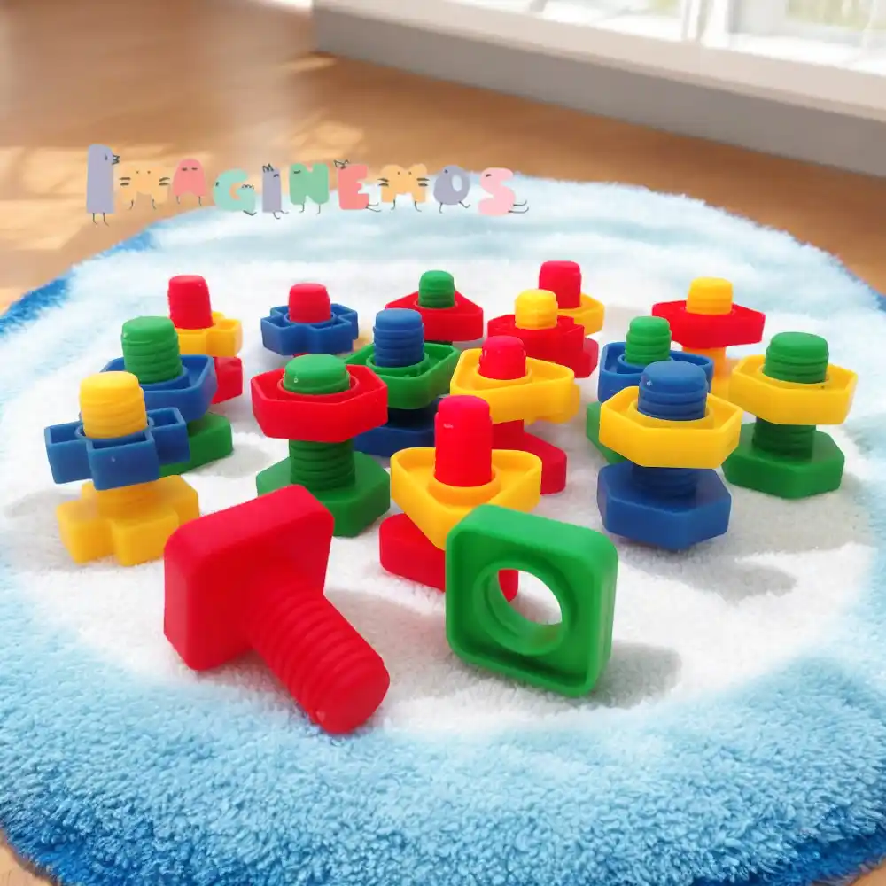 Tuercas y pernos de plástico en colores rojo, verde, amarillo y azul, ideales para ejercicios de motricidad fina en niños.